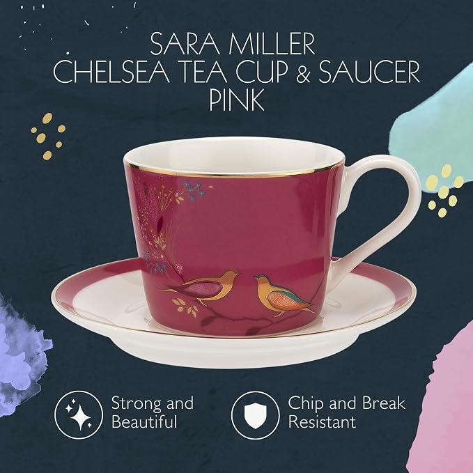 Portmeirion Sara Miller London Chelsea Teacup and Saucer, Pink | 8 Oz Cup for Drinking Tea and Coffee | Made from Fine China with Gold Detail | Handwash Only
