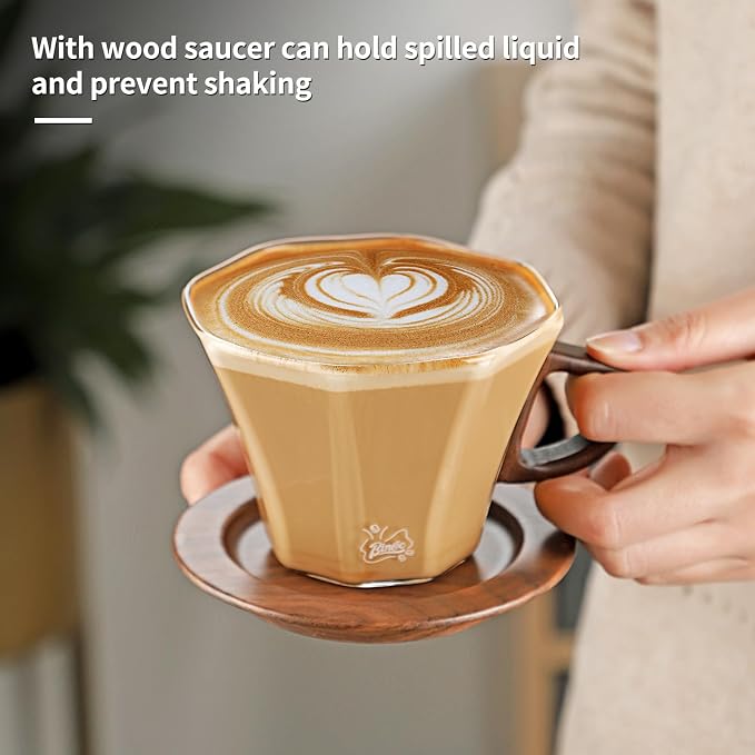 Bincoo Glass Mug with Wooden Handle and and Saucer Set-280ML Glass Coffee Cup Heat Resistant Lightweight Tea Mugs Ideal for Home, Cafe, Coffee Bar(Grey)