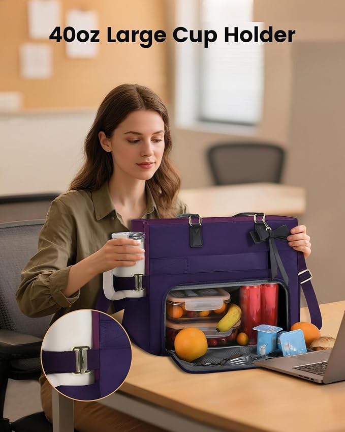 LOVEVOOK Lunch Tote Bag for Women, Insulated Lunch Bag with Laptop Compartment, Large Capacity Work Tote with Cup Holder, Water Resistant Insulated Bag Leakproof for Teacher Nurse, Office, 17.3 Inch