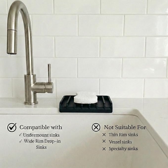 Effilogic Silicone Sponge Holder – Self-Draining Sink Organizer- Faucet Mat for Kitchen - Countertop Protector - Large Black