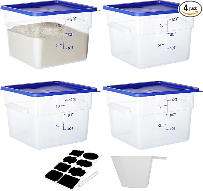 BIEAMA 4 Pack Food Storage Containers, 12 Quart with Lids, Square Commercial Containers with Scale, NSF, Polycarbonate, Clear