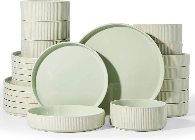 Famiware Star 24-Piece Stoneware Dinnerware Set for 6 – Shallow Pasta Bowls & Flat Plates – Modern Rustic Dishes, Everyday & Formal Use – Chip & Scratch Resistant, Microwave & Dishwasher Safe, Green