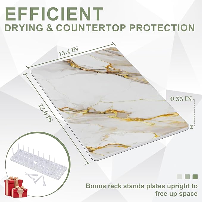 Large Stone Drying Mat for Kitchen Counter, 24" × 16" Diatomite Dish Drying Mat, Ultra Absorbent Diatomaceous Earth Dry Stone Mats with Dish Rack for Dished, Bottles, White Marble