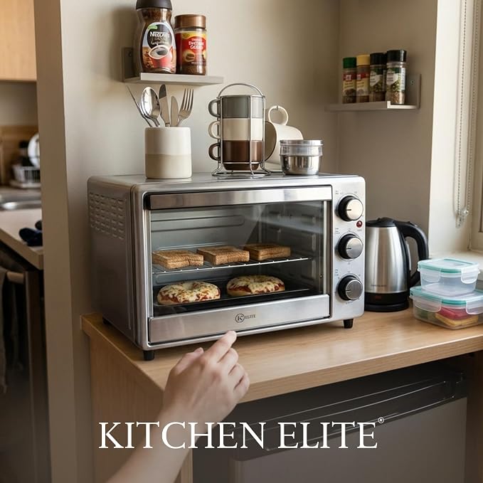 Kitchen Elite Toaster Oven, Compact Countertop Appliance with Bake Tray, Wire Rack, Adjustable Timer, and Temperature Control, Stainless Steel