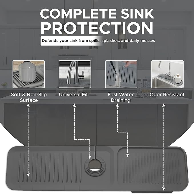 Silicone Faucet Mat for Kitchen Sink 17.7 Inch | 5° Slope Fast Self-Draining Sink Splash Guard | Multipurpose Faucet Mat Foldable Durable No Smell | Cut-to-Fit Opening Up to 2.6in|Dark Grey