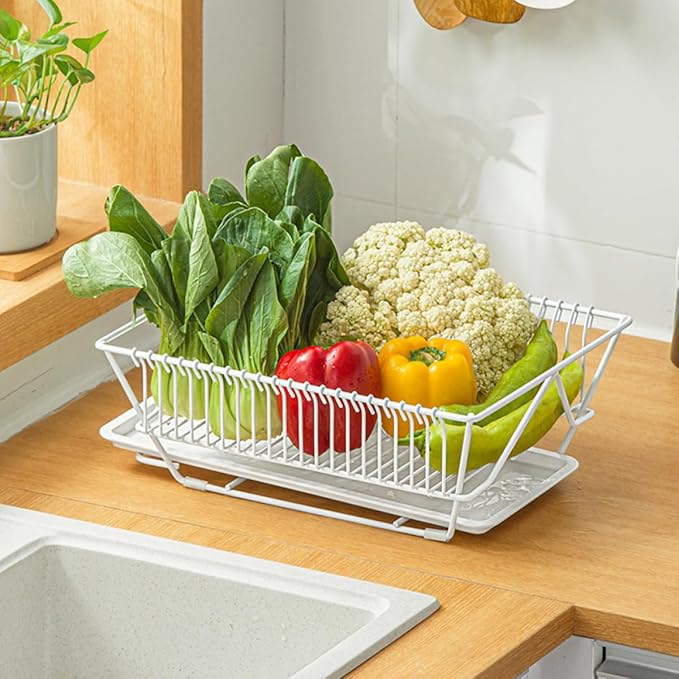 ULTECHNOVO Dish Drying Rack Over Sink Metal Drainer Rack with Utensils Holder and Removable Tray Kitchen Storage Organizer for Countertop Use