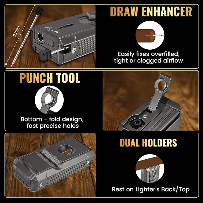 6-in-1 Torch Lighter with Twin Nubber, Auto-Pop V-Shape Clipper, Draw Enhancer, Holder and Punch, Refillable & Adjustable Windproof Butane Lighter, Premium Gift Box for Men & Travel Essential