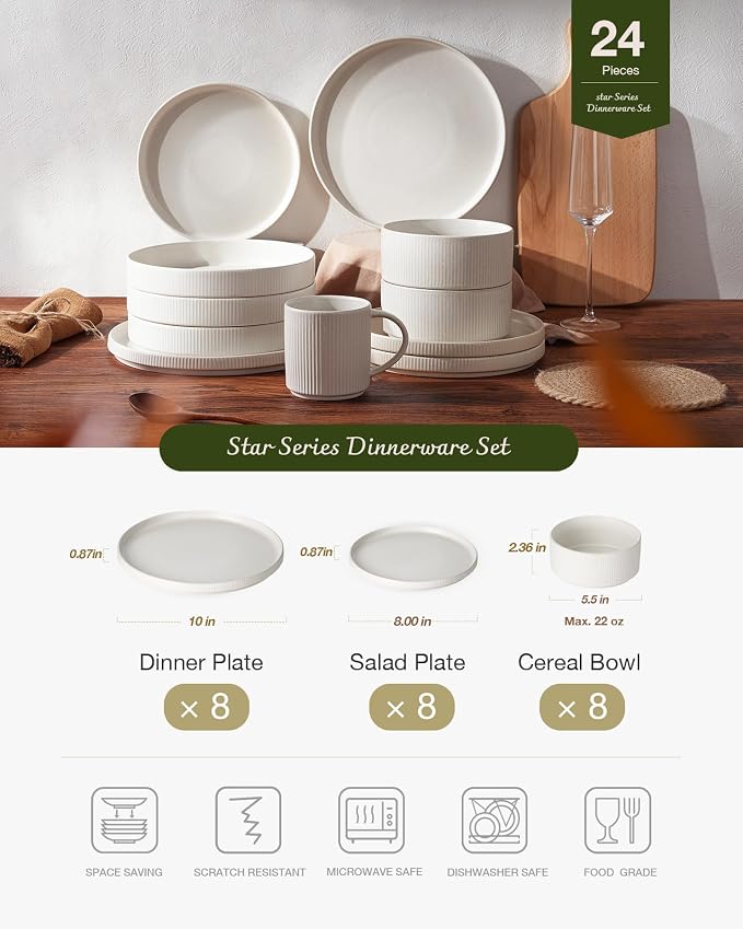 Famiware Star Plates and Bowls Sets, Modern Stoneware Dinnerware Sets for 8, 24-Piece Kitchen Dish Set - Microwave and Dishwasher Safe, Chip and Scratch Resistant, Matte White