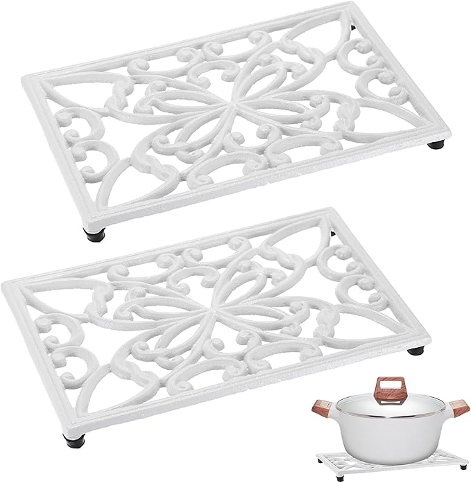 Sumnacon Cast Iron Trivet 2 Pack Heat Resistant Iron Trivets for Hot Dishes Pots Pans Plates Teapots,Rustic Cast Iron Trivet for Cooktop Kitchen Dining Table Metal Trivets with Rubber Feets,White