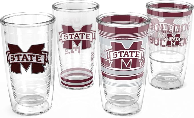 Tervis Mississippi State Bulldogs - Assorted Made in USA Double Walled Insulated Tumbler Travel Cup Keeps Drinks Cold & Hot, 16oz 4pk, Classic