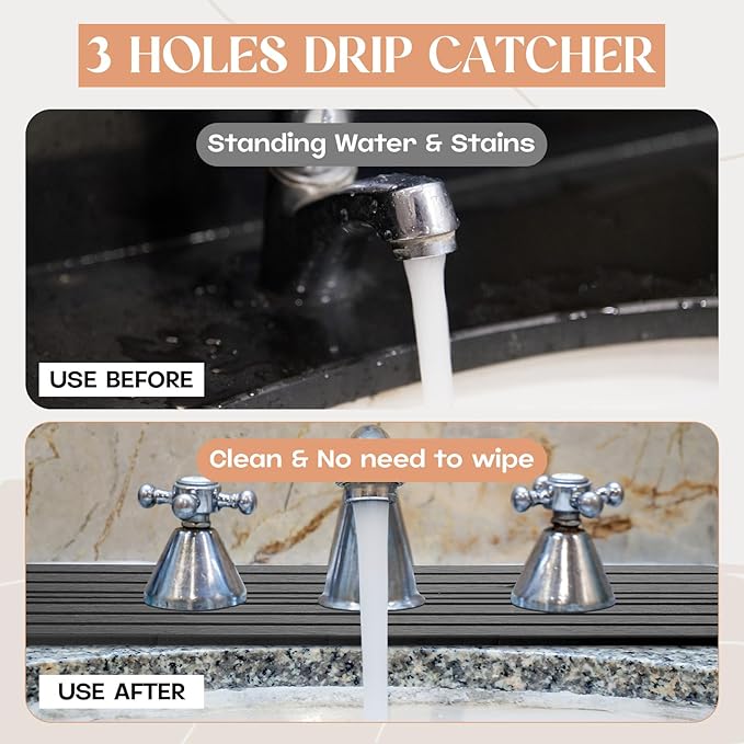 Teenyyou 3 Hole Gray Faucet Mat for Kitchen Sink Bathroom 15.94" x 4.92" Kitchen Faucet Absorbent Mat Diatomite Splash Guard Quick Drying Stone Drip Catcher Hole 2.36" Holes Spaced About 1.65"