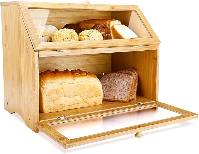 HOMEKOKO Double Layer Large Bread Box for Kitchen Counter, Natural Bamboo | Bread Storage Bin, Wooden, Large Capacity, See Through, Easy Assembly