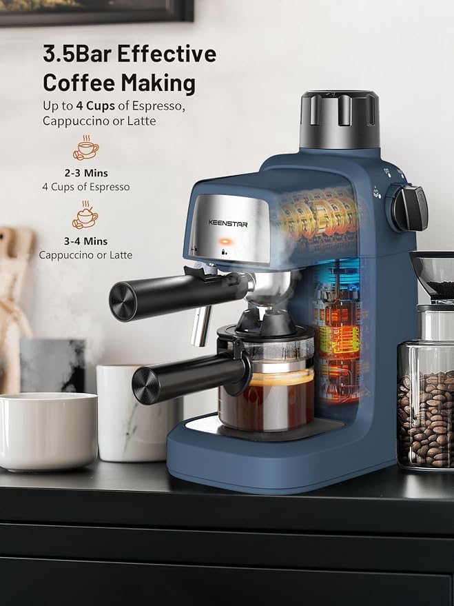 KEENSTAR 3.5Bar Espresso Machine with Milk Frother, 800W Compact Espresso and Cappuccino Maker, Preheating Function, 4-Cup Espresso Maker for Latte or Cappuccino, Gift for Coffee Lovers Upgrade