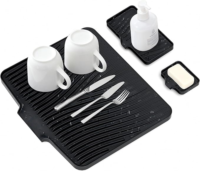 Silicone Dish Drying Mat for Kitchen Counter, Dish Drying Pad, Non-Slip Drain Pad with Built-in Drain, Heat Resistant Stone Drying Mat