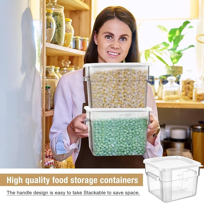 FoldTier 2 Pieces Square Food Storage Containers Polycarbonate Clear food Container with Lid Commercial Storage with Graduations for Commercial Kitchen Dough Marinating Meat(White,12 Qt)