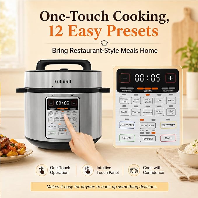 Fullwill 8QT Electric Pressure Cooker, 12-in-1, Ceramic Nonstick Pot, Sauté, 1200W Fast Cook, Slow Cook, Steam, Yogurt, Rice Cooker, for Family Meals, 1200W,Silver