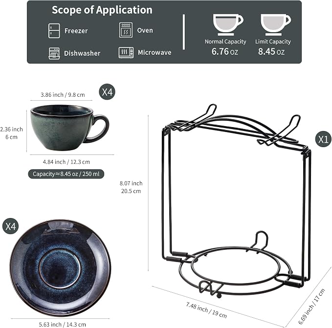 4 Sets of 8 oz Green Reactive Glaze Coffee Cups with Saucers, Ceramic Espresso Cups Set with Black Metal Stand – Unique Variegated Finish Stoneware Demitasse for Latte, Cappuccino or Gift