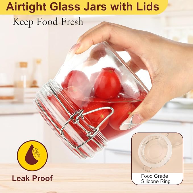 HINGWAH 16 oz Glass Jars with Airtight Lids, 6 Pack Wide Mouth Mason Jars with Clamp Lids for Kitchen Canisters, Food Storage Containers for Pickling, Coffee, Spices, Sugar, Herbs