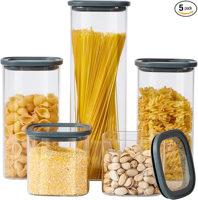 Square Glass Food Storage Jars with Lids Set of 5, Perfect for Pasta, Cookies, Nuts, Coffee, Cereal, Flour,Organize Your Kitchen with these BPA-Free Glass Jars with Silicone Lids