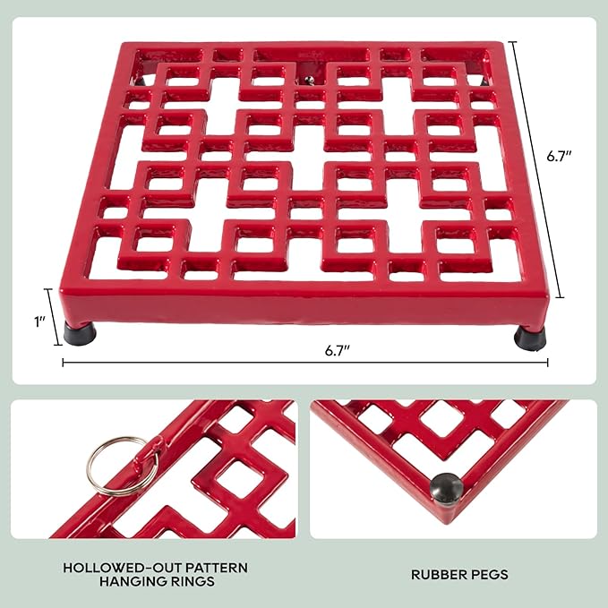 JOGREFUL Cast Iron Trivet Mats, Kitchen Pot Holders to Portect Table/Countertops, Heat Resistant Mats for Teapot/Hot Dishers/Plates, Vintage Mats with Weighted-Base, Grid Red