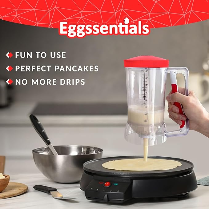 Eggssentials Pancake Batter Dispenser - Batter Dispenser with Squeeze Handle for Cupcakes - Pancakes - egg Poacher Insert Stainless Steel Poached Egg Cooker Eggs Poaching Cup PFOA Free Egg Poachers