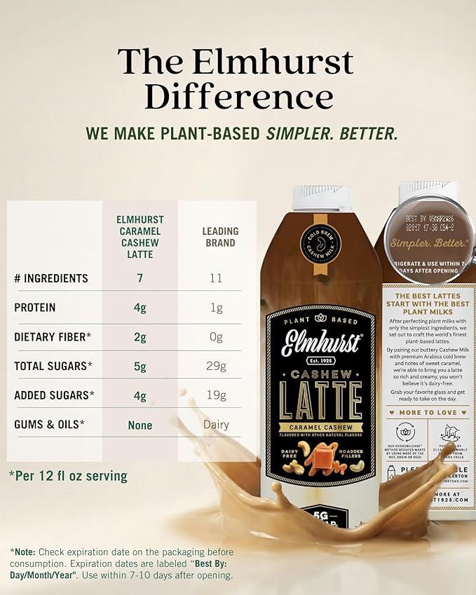 Elmhurst 1925 Caramel Cashew Latte – Plant-Based, Vegan, Dairy-Free Plant Milk Latte Made of Cashew Milk, Cold Brew Premium Arabica with 95mg Caffeine & Sweet Caramel Notes – 25.4oz (Pack of 6)