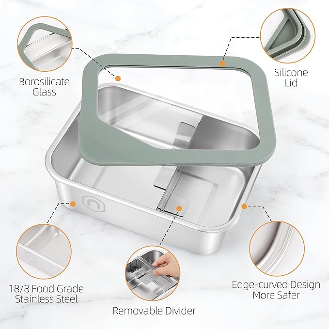 Stainless Steel Bento Box for Kids Adults, 1200ml/40oz with Removable Divider, Airtight Leak Proof Glass Lid, Freezer & Dishwasher Safe Lunch Box (40.58oz)