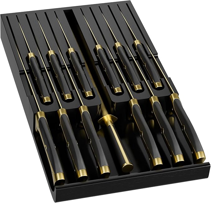 Domax Bamboo In-Drawer Knife Block - Kitchen Drawer Organizer Insert, Steak Knife Holder without Knives, Fits 12 Knives and 1 Sharpening Steel (Not Included), Black