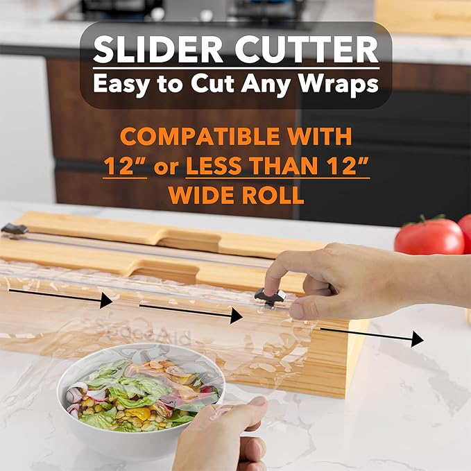 SpaceAid WrapNeat 2 in 1 Wrap Organizer with Cutter and Labels, Plastic Wrap, Aluminum Foil and Wax Bamboo Dispenser for Kitchen Storage Organization Holder for 12" Roll (Natural)