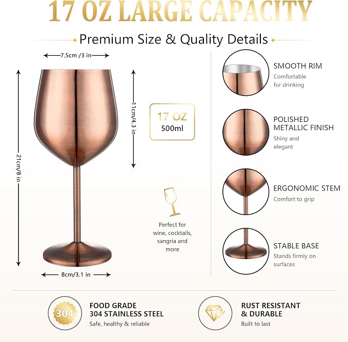 UNISWEET Stainless Steel Wine Glasses Set of 4 Unbreakable Wine Glass 18 oz Unique Metal Wine Goblets for Outdoor, Travel, Camping, Pool, Ideal Gift for Wine Lovers (Red Copper)