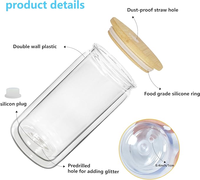 16 oz Acrylic Snow Globe Tumbler Snow Globe Cups Double Wall Snowglobe Tumbler with Pre Drilled Hole Clear Plastic Cups with Bamboo Lids and Straws for Iced Coffee Boba Juice Soda 12 Pack