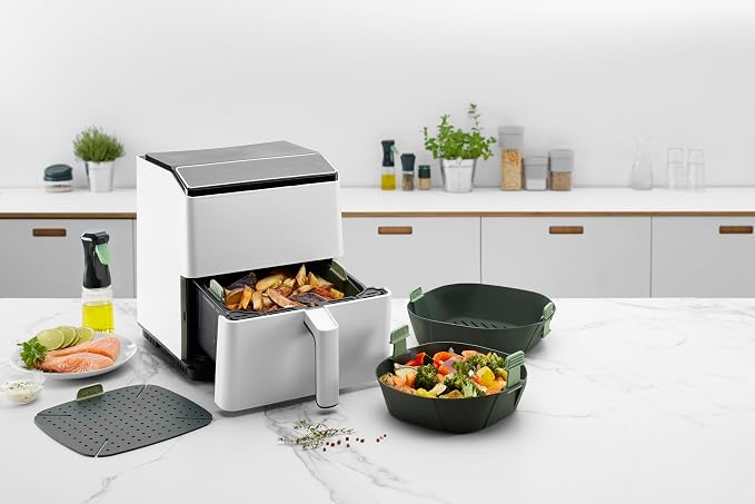 Lékué Air Fryer Liner Mat - Gray - 100% Platinum Silicone Reusable Flat Perforated Baking Tray for Air Frying, Fits in Draw, Flexible Corners, Pull-up Handle for Easy Removal