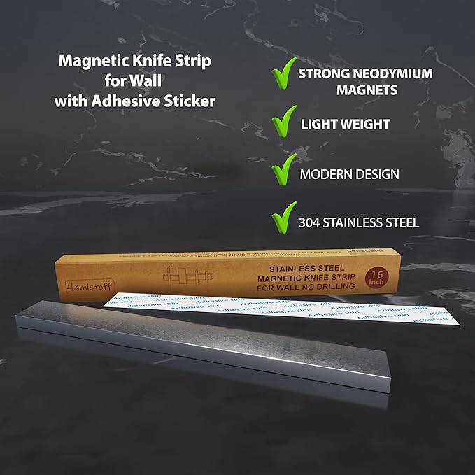 Premium Magnetic Knife Strip for Wall no Drilling – 16 Inch Stainless Steel Magnetic Knife Holder with Neodymium Magnet Strong Adhesive Tape - Lightweight Kitchen Magnet Knife Bar