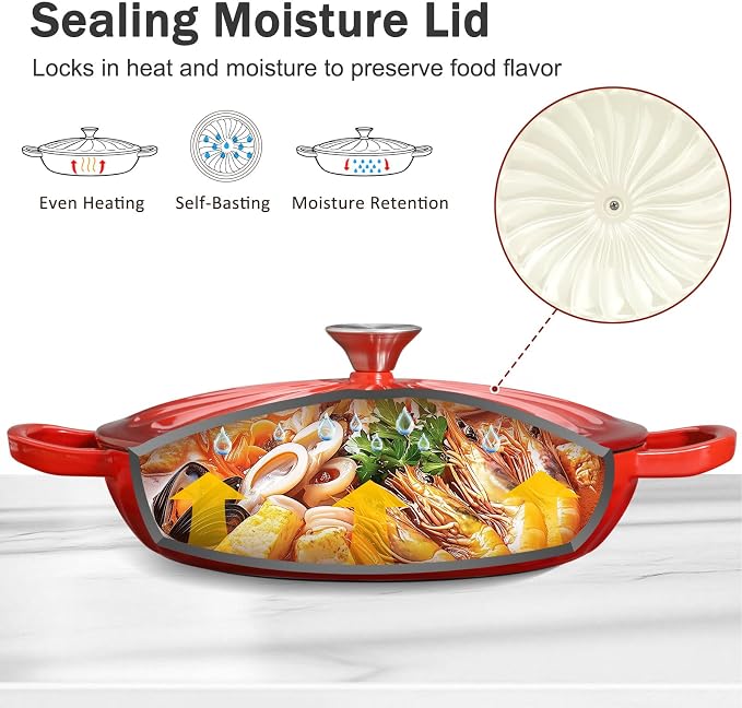 Enameled Cast Iron Dutch Oven, 3.8 Quart Dutch Oven Pot with Lid, Shallow Cast Iron Braiser with Handles, Oven Safe up to 500°F (Red)
