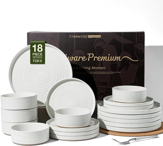 Stoneware Dinnerware Sets for 6, 18-Piece High Edge Plates and Bowls with Speckled Glaze & Spiral Design - Chip & Scratch Resistant, Microwave & Dishwasher Safe - Gift Box, White