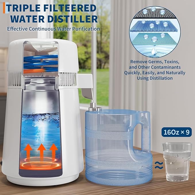 PeakPursuit PeakPursuit Water Distiller, 1 Gal Countertop Distilled Water Machine for Home, 750w Purification Machine with BPA-Free Plastic Container & Stainless Steel Interior for Drinking Cooking