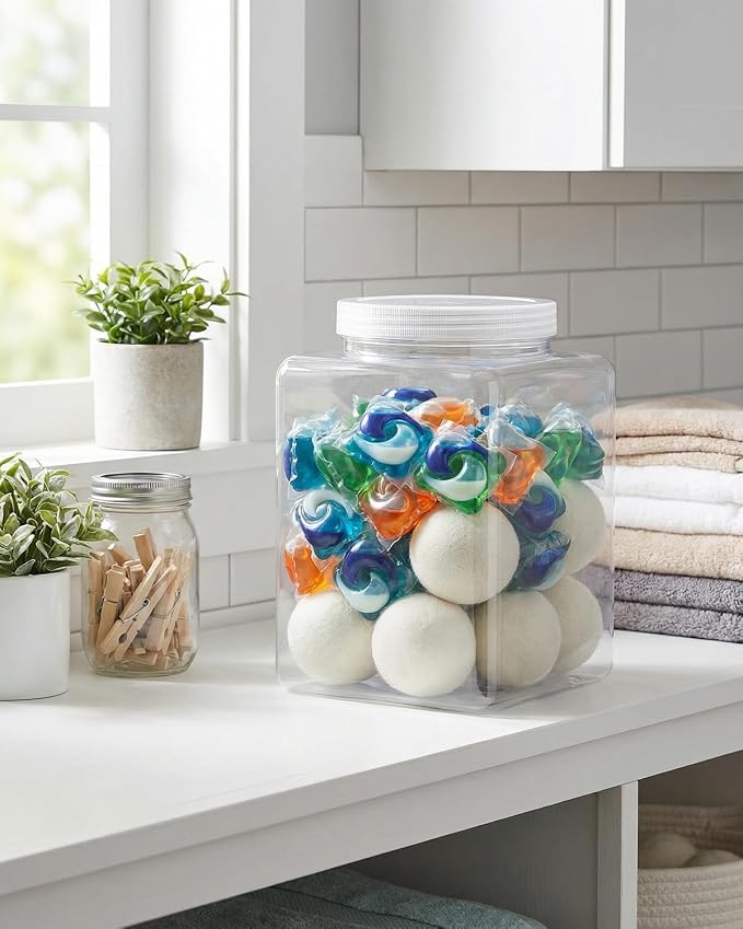 Plastic Storage Jars, 4 Pack Square Wide Mouth Containers with Screw Cap Lids, Transparent Moisture Proof Food Canisters, Clear Pantry Storage Jars (5.1 x 5.1 x 6.3 Inches)