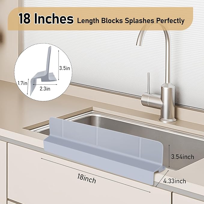 Kitchen Sink Splash Guard 18" Self-Draining Silicone Water Guard with High Splash Wall & Strong Suction Cups for Faucet, Countertop & Sink Edge, Keeps Sinks Dry, Dishwasher Safe, Gray