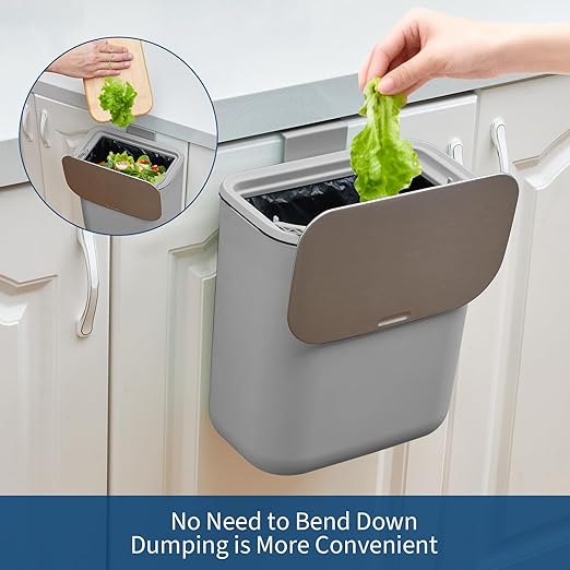 Hanging Kitchen Trash Can with Lid - 2.4 Gallon Small Compost Bin for Cabinet Door, Under Sink - Odor-Sealing Stainless Steel Top Food Waste Bin for RV, Bathroom, Office - Indoor Recycling Bin