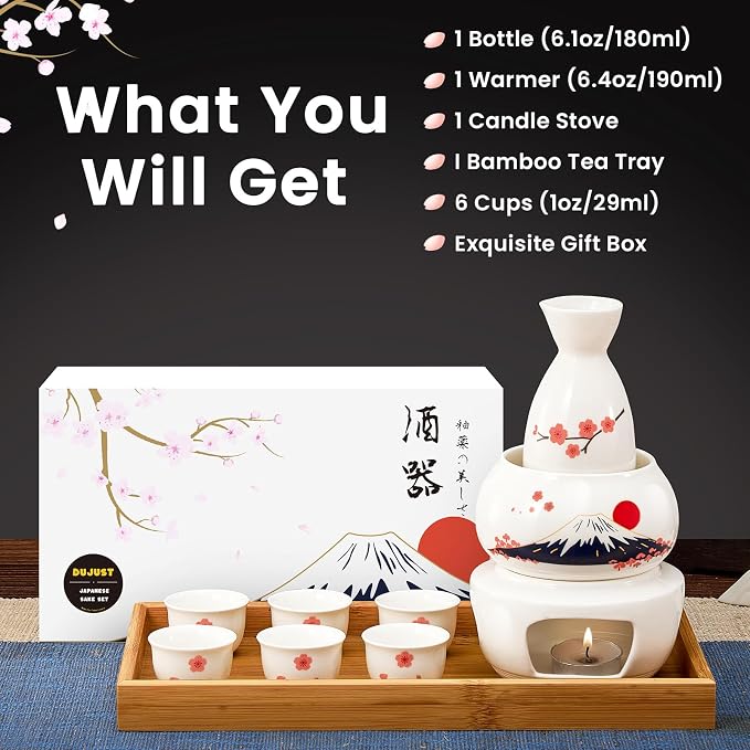 DUJUST 10 pcs Japanese Sake Set with Warmer for 6, Sakura & Fuji Design Porcelain Sake Set, 6 Sake Cups, 1 Bottle, 1 Warmer, 1 Candle Stove, 1 Tray & 1 Box, Warm Sake Carafe, Japanese Gifts - White