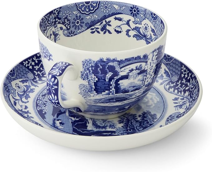 Portmeirion Spode Blue Italian Teacup and Saucer, 20-ounce Capacity, Jumbo Tea Set, Coffee Mug, Cup for Tea, Lattes, Espressos, and Hot Beverages - Blue & White