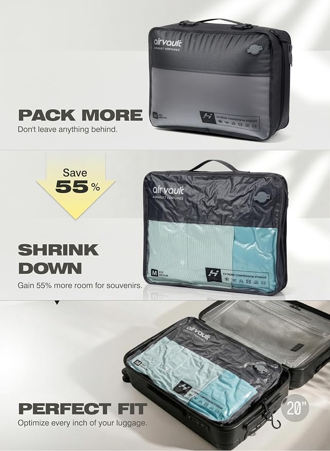 AirVault Reusable Vacuum Compression Travel Bag for Carry-On Suitcase and Backpack, Recycled IPX8 Waterproof Space Saver Vacpack (21L Gray (3-Pack) (Air Pump Included)