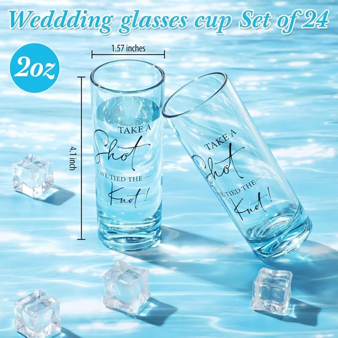 Sliner 24 Set Wedding Favors for Guests Bulk 2oz Acrylic Take a Shot We Tied the Knot Shot Glasses with Thank You Cards Organza Bags for Guest Souvenir Wedding Bridal Shower Gifts (Blue,Black)