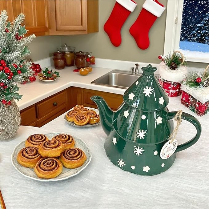 Domini Christmas Tree 28oz Teapot- Earthenware, Festive Holiday Serveware, Brewing Warm Winter Drinks - Beautiful Addition To Your Festive Table