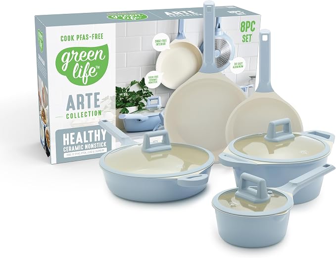 GreenLife 8 Piece Ceramic Nonstick Cookware Set, Induction Suitable Non Toxic PFAS-Free Pots & Pans, Dishwasher Safe, Cooking Set, Stock Pot, Saucepans & Frying Pans, Kitchen Cooking, Light Blue