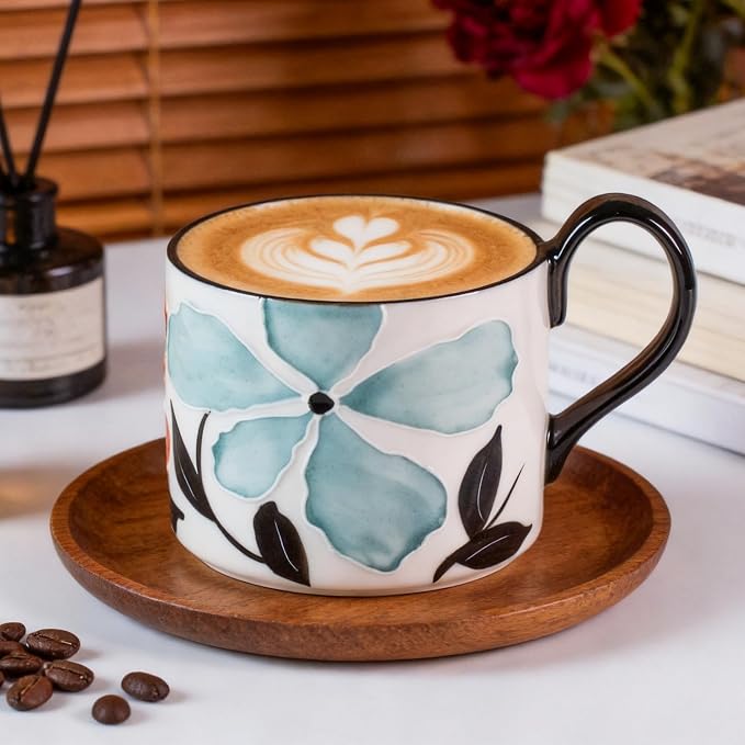 KAMMAK Ceramic Mug - Hand-Painted Coffee and Tea Mug - 400ML Vintage Breakfast Cups - Cute Mugs for Women - Ideal for Birthday - Afternoon Tea & Housewarming Gifts, GX015