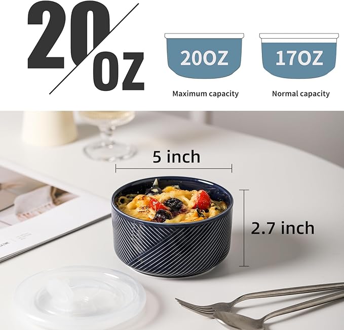 Ceramic Bowls with Lids: 20 oz Microwave Safe Food Storage Containers for Soup, Salad, Cereal, Leftovers, Meal Prep, Lunch, Picnic, Camping, Serving - Airtight, Navy, Set of 6