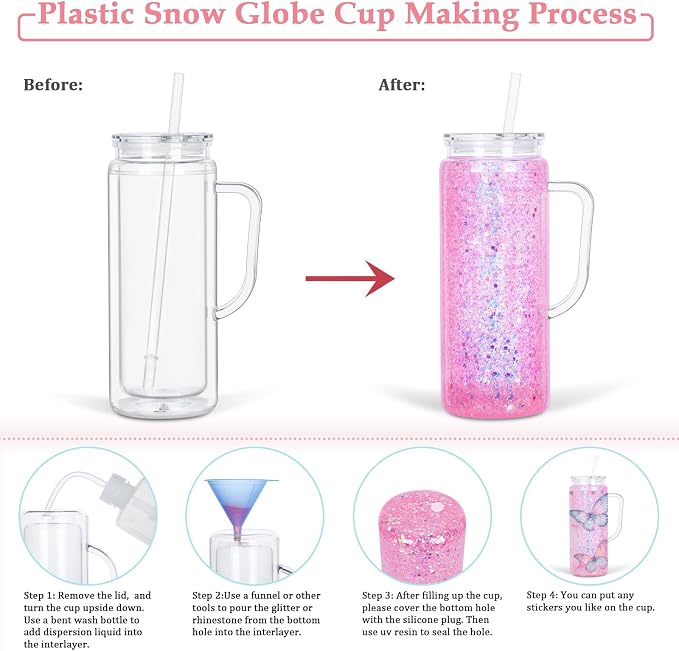 20 Oz Double Wall Acrylic Snowglobe Cups with Handle, 8 Pack Clear Plastic Mason Jar Snowglobe Tumbler with Pre Drilled Hole and Plug for DIY Glitter Gifts (Clear)