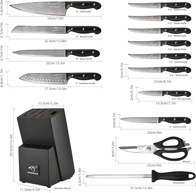 NANFANG BROTHERS 15-Piece Damascus Kitchen Knife Set, 67-Layer VG10 Japanese Steel, Professional Chef & Steak Knife Set with Compact Block, Triple-Riveted Handles (Hand-Wash Only)