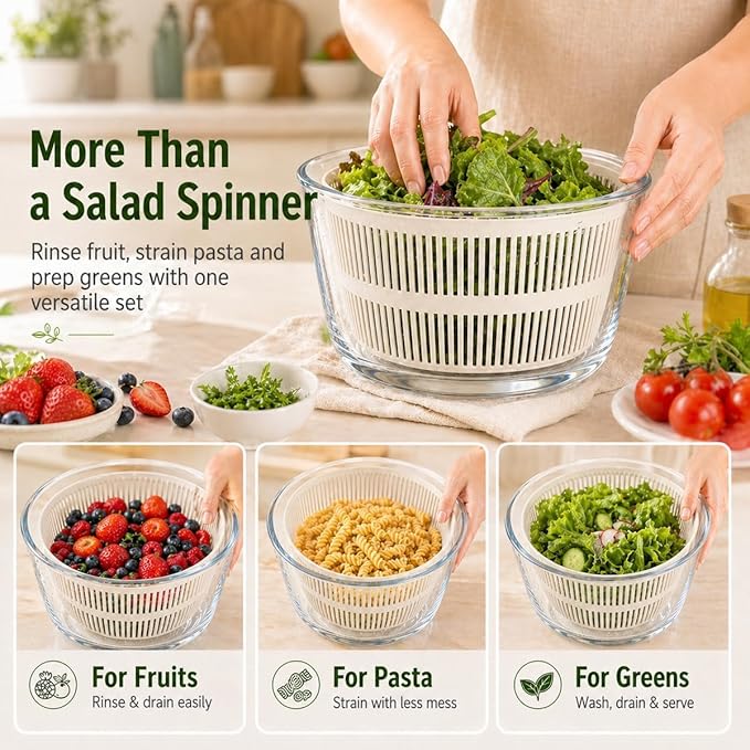 Good Girps 3.2 Qt Glass Salad Spinner Small Vegetable Dryer with Drain Microwave Safe Dishwasher Safe with Transparent Lid Crank Handle Quick Spin Greens Washer for Lettuce Herbs Fruits White